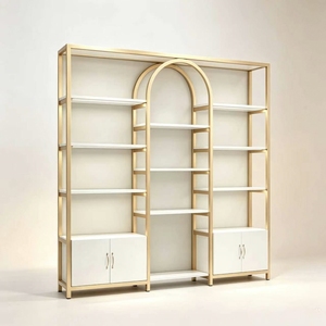 Modern Gold Metal and <strong>White</strong> <strong>Display</strong> Shelving <strong>Unit</strong> with Center Arch and Bottom Storage for Boutique Retail Store - Product Image 2