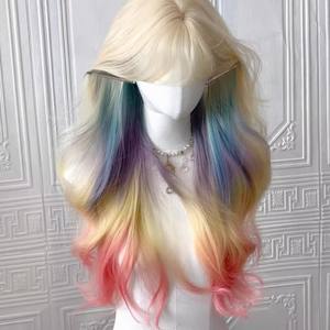 Peluca de mujer con tinte arcoíris, larga y rizada, de cobertura completa, con degradado iridiscente, flequillo lateral, material de fibra resistente a altas temperaturas - Product Image 4
