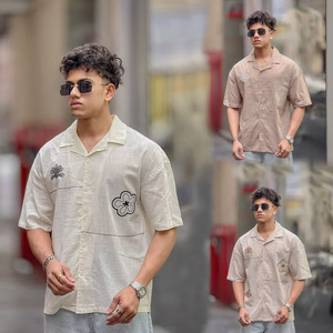 Camisa de Hombre Estilo Urbano Personalizada, de Algodón/Lino, con Botones Bordados, Manga Corta, Estampado Floral, Ecológica y Transpirable - Product Image 4