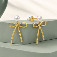 Anting Tusuk Wanita Perak Sterling 925 Berlapis Emas 18k Model Pita Mutiara Kerang, Laris Manis, Grosir Perhiasan