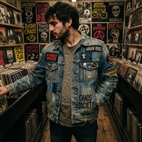 Veste en jean pour homme effet vieilli avec patchs Street Noise Cyber Skull, style punk, personnalisable OEM