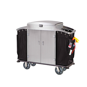 Hotelkamer schoonmaakapparatuur huishoudelijke dienst <span class=keywords><strong>trolley</strong></span> kar met 2 zakken zilver/koffiekleur roestvrij staal 4 wielen - Product Image 3