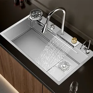 304 Edelstahl Schritt hand gefertigt über Mount Wasserfall Wasserhahn Multifunktions-Dreifach schüssel Küchen spülen für die Küche