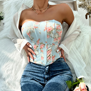 Atasan suspender ketat seksi perspektif tidak beraturan blus wanita pinggang Slim Fit bunga seksi atasan Crop - Product Image 5