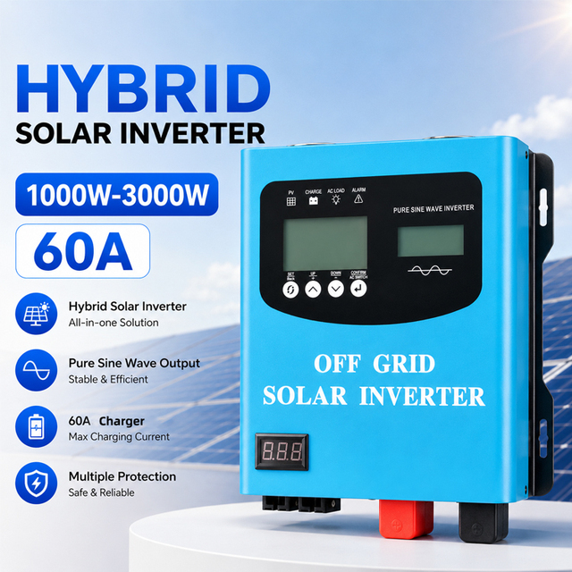 Hybrid Solar Inverter 60A 1kW 1.5kW 2.5kW 3kW Off Grid All in One Inverter Charger Controller LCD Display for Home Solar System