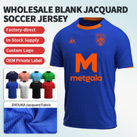 Maillot de football pour homme vierge en tissu jacquard respirant, bleu avec bordure orange, personnalisable avec logo, directement de l'usine, en stock