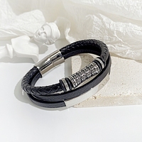 Bracelet punk double couche en cuir noir tressé avec fermoir, bracelet en acier inoxydable plaqué argent à motif goutte d'huile, tube ovale