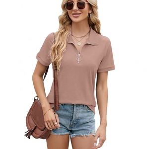 T-shirt Ohsisa 2025 Nouvelle Collection Été Manches Courtes Col Rabattu Fermeture Éclair Couleur Unie Coupe Ample Tendance pour Femme - Product Image 3