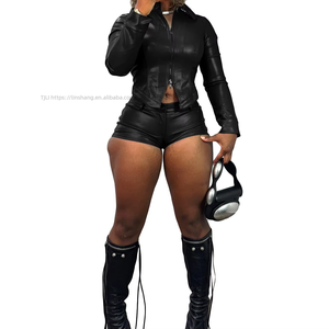Women's PU Leather Stand Collar Two-Way Zipper Biker Long Sleeve <b>Top</b> and Shorts 2-Piece Set Fashion - Product Image 2