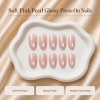 T1791 Kaixin Faux ongles à presser, forme ellipse moyenne, rose doux, nacré scintillant, effet œil de chat, style French, pour fêtes