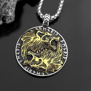 Double Wolf Head Pendant <b>Titanium</b> Steel Men's Necklace Gold Color Asymmetrical Animal Design Everyday Wear Fine Pendants - Product Image 4
