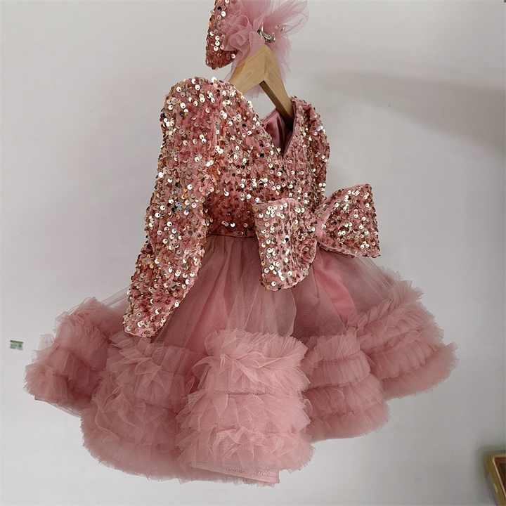Girl's Sequins with Bow Long Sleeves Party Dress Ruffle Princess Dress