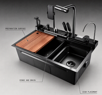 Évier de cuisine multifonction en acier inoxydable noir avec planche à découper, égouttoir, porte-vaisselle et double robinet pour villa, hôtel, OEM, ODM