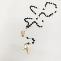 Collier chapelet en perles de cristal, crucifix catholique Saint Benito, pendentif croix en acier inoxydable plaqué or, bijoux religieux de prière