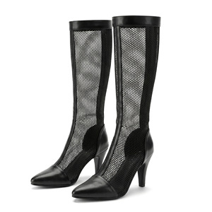 Botas de malla hasta la rodilla con punta puntiaguda, sin cordones, formales, de verano, negras, para mujer, envío directo - Product Image 1