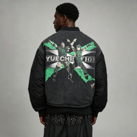Blouson Bomber Homme Noir Oversize Streetwear avec Broderie Appliquée Personnalisée, Imprimé Craquelé, Lavage Vintage et Patchwork, Fermeture Éclair