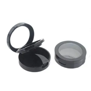 Paleta de sombras vazias com dupla camada, embalagem compacta preta de pó com espelho, iluminador pigmentado e compacto, 44mm