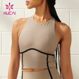 HUCAI OEM Polyester Spandex backless light impact splicing hit stripe slim fit workout fitness yoga crop tank top for women