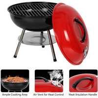 Barbecue au charbon de bois portable de 14 pouces, mini barbecue à bouilloire avec couvercle rouge pour le camping en plein air, les pique-niques et le jardin