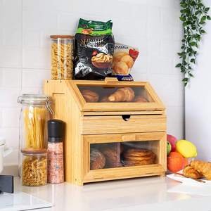 Wooden Bread Storage <b>Box</b> Multi Layer With <b>Glass</b> Lid Freshness Preservation Kitchen Bakery Storage Rectangle Solid Wood Bread <b>Box</b> - Product Image 4