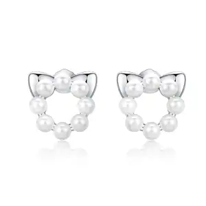 BAGREER SCE688 Korean Cute Cat With Pearl Beads 925 Sterling Silver Platinum Plated Stud Earrings Women Girls Jewelry