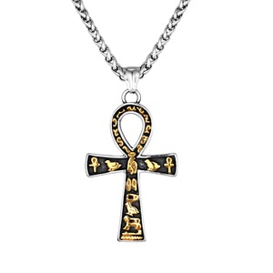 yunnique Ancient Egyptian Ankh Stainless Steel Pendant Two Tone Gold Steel <b>Cross</b> Necklace Men's Jewelry 60cm <b>Chain</b> Gift - Product Image 5