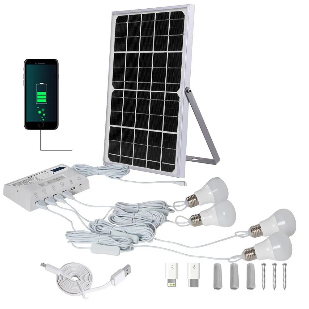 12W Draagbare Zonnepaneel Power Systeem Home Met Led Lamp En Mobiele Oplader