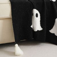 Plaid tricoté jacquard personnalisé, motif fantôme d'Halloween, réversible, doux, avec pompons, pour salon, cadeau de fête