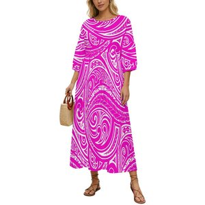 Robe longue décontractée ample à col rond et manches bouffantes pour <span class=keywords><strong>femme</strong></span>, imprimé <span class=keywords><strong>tatouage</strong></span> tribal polynésien <span class=keywords><strong>rose</strong></span> et blanc, collection en promotion - Product Image 1