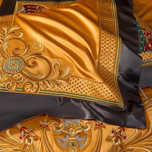 Ensemble <span class=keywords><strong>de</strong></span> literie en <span class=keywords><strong>satin</strong></span> doré luxueux, jacquard équestre et broderie, ensemble <span class=keywords><strong>de</strong></span> couette taille King - Product Image 6