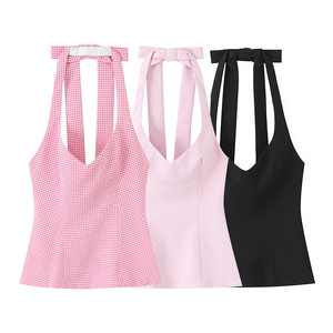 PB & ZA donne 2025 autunno nuova moda un fiocco sul retro pende intorno al collo canottiere Vintage senza schienale femminile Camis Chic top - Product Image 1