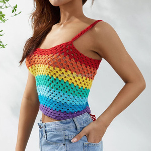 <strong>Woman</strong> Sexy Pride Month Parade <strong>Rainbow</strong> Striped Crochet Crop Knit Tank <strong>Top</strong> Lgbt Clothes - Product Image 3
