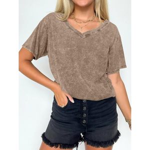 T-shirt surdimensionné à col en V pour femme FOXA, manches courtes, en coton, style vintage, décontracté, basique, respirant, en jersey, pour l'été - Product Image 4
