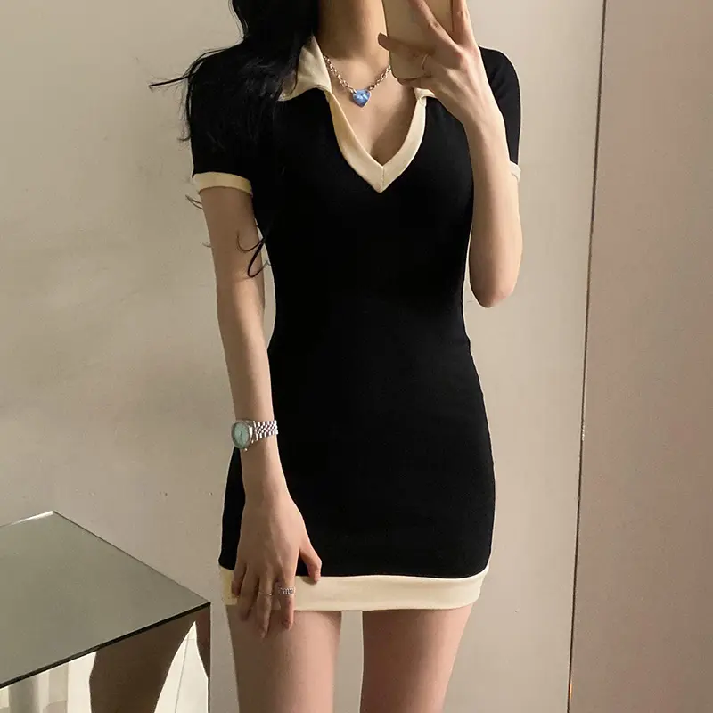 Casual Patchwork Bodycon Short Dress Women Korean Fashion Short Sleeve Cotton Mini Dresses Preppy Style Summer Black