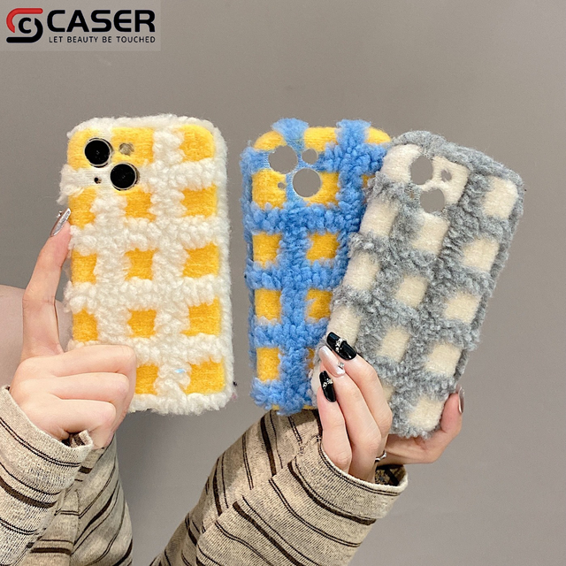 New 3D Grid Checkerboard Pattern Warm Plush Case Color Blocking Winter&Autumn Style Shockproof Phonecase for Iphone17 16 15 14