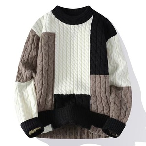 Le pull en tricot le plus populaire personnalisé confortable à manches longues pour hommes pull lettre motif à carreaux couleur bloc sweat-shirt - Product Image 3