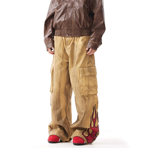 Pantalones Cargo Retro de Lona con Lavado Desgastado para Hombre, Estampado Gráfico de Llamas, Multibolsillos, Holgados, Estilo Skateboard, Moda Urbana, Personalizados - Product Image 1