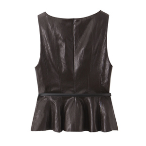 Top in Pelle PU <span class=keywords><strong>Marrone</strong></span> con Collo a Giro, Senza Maniche, Chiusura con Cerniera, Stile Casual e Alla Moda per Donne - Product Image 2