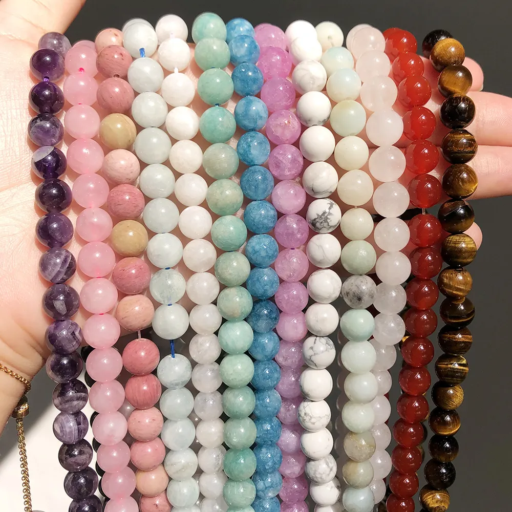 Perles rondes en Quartz Rose lisse, éléments en pierre de lave, lépidolite, Turquoise, Howlite, Agates, pour la fabrication de bijoux, vente en gros, livraison gratuite