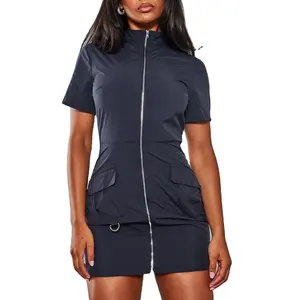 Latest Women's Short Sleeve High Neck Bodycon Mini Dress Casual Sporty Cargo Pockets Zip Up Nylon Shirt Dress