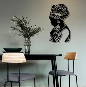 Fabricantes personalizados modernos simples casa de metal parede pendurado arte sala de estar pátio mural corte a laser mulheres africanas
