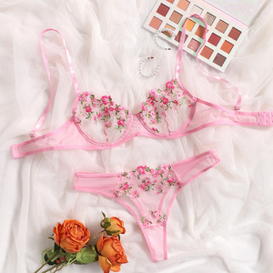 Ensemble de lingerie 2 pièces en maille transparente, broderie florale, élégance sexy, soutien-gorge et culotte, vente chaude - Product Image 1