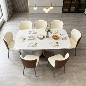 Juego de mesa de comedor rectangular moderno de piedra sinterizada, tapa con aspecto de mármol blanco, base curva marrón con 6 sillas de PU, muebles de comedor - Product Image 2
