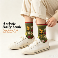 Chaussettes en coton unisexes à motifs artistiques, chaussettes mi-mollet jacquard à motifs floraux et animaux, chaussettes de mode, conception personnalisée OEM, chaussettes cadeaux en gros