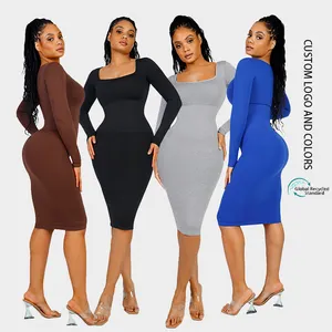 Groothandel Nieuwe Design Zwarte Naadloze Lange Mouwen Vierkante Hals Midi Bodycon Ingebouwde Shapewear Jurk Elegant Casual Voor Vrouwen