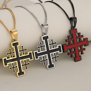 Collier Croix en Acier Inoxydable Rouge Noir Argent Or, Plaqué Or 18K, Style Chrétien Religieux de Jérusalem, pour Anniversaires et Occasions Spéciales - Product Image 2