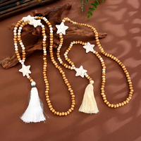 Collier pendentif étoile en perles de bois naturelles style bohème avec franges, commande en gros, directement de l'usine, bijoux écologiques pour tenues de villégiature