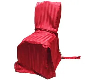 红色条纹方形顶部批发餐厅椅套，带侧褶和餐椅两翼
