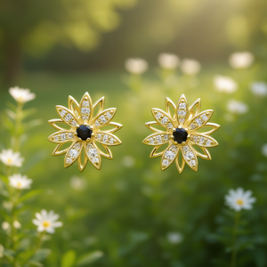 Orecchini a Perno E4034 con Fiore Dorato e Zirconi Rotondi, Gioielli Classici in Lega per Donna - Product Image 2
