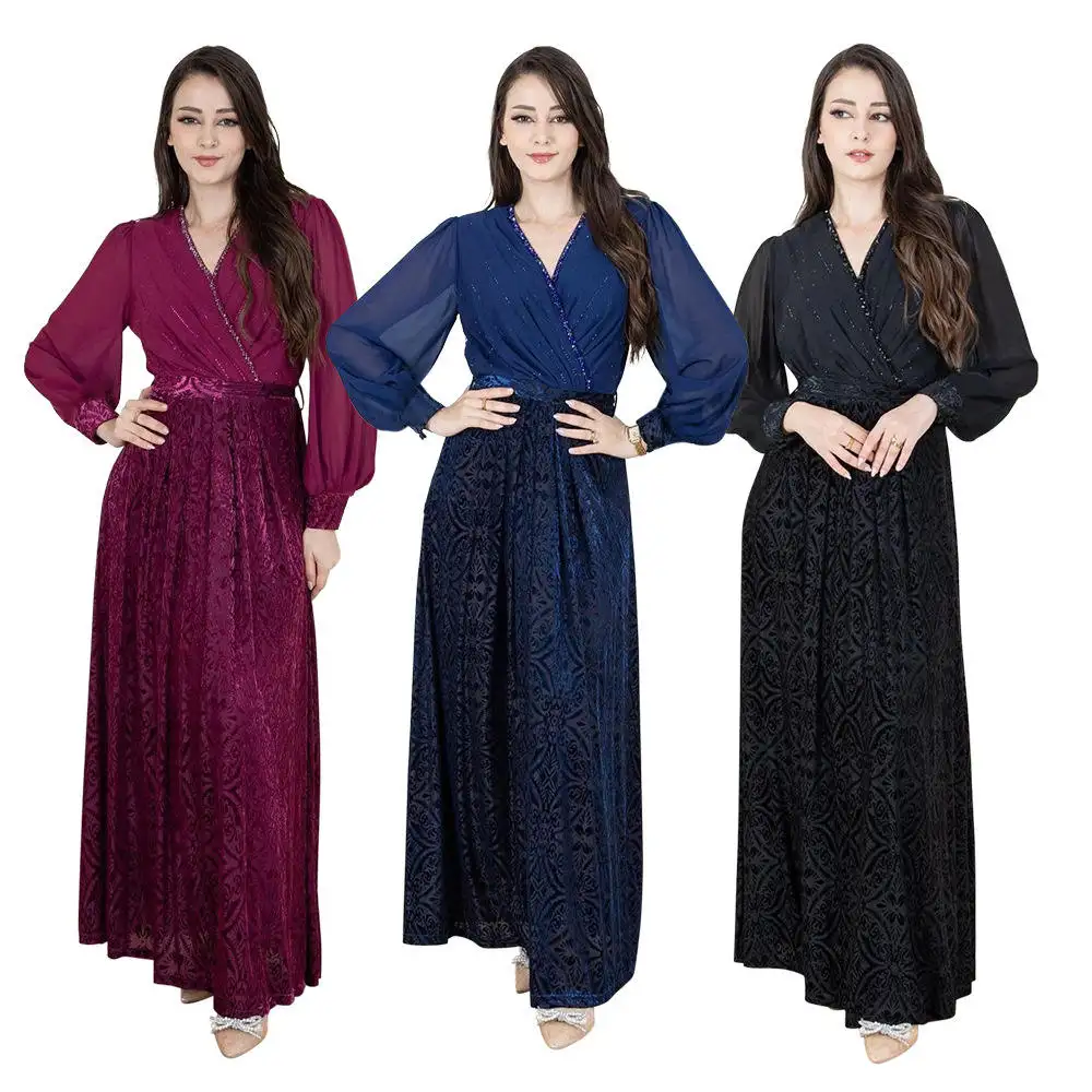 2024 saudi arabia abaya designs Velvet burnt chiffon hot diamond fashion banquet dress robe printed abaya women muslim dress